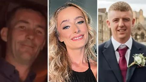 Composite image. It is a dark picture of John Guy - he has dark hair and is wearing a dark blue shirt. In the middle is Laura Hoy-Henry - she has long wavy blond hair and is wearing a black top. She is smiling at the camera and has pink lipstick on. Conor Quinn is third - he has short brown hair, is wearing a white shirt, burgundy tie and navy suit. He is smiling at the camera .