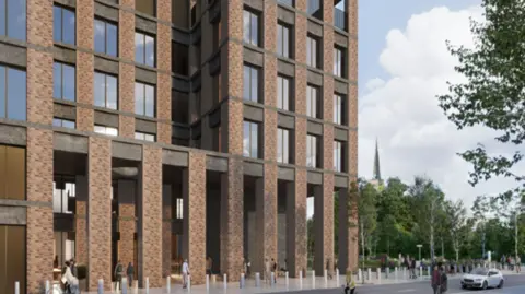 Government Property Agency Artists impression of Treasury hub building, showing a multi-storey office block with brick pillars creating a walkway underneath.