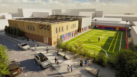 CRS/Leonard Design The drawing shows a large football pitch next to a modern building covered in solar panels