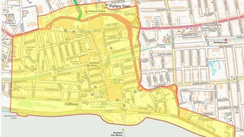 Essex Police A map of Southend-on-Sea, with a large part of it covered in yellow. That area signifies where the dispersal order is. It stretches across most of the city centre, including the High Street, Victoria and Central railway stations and pier.