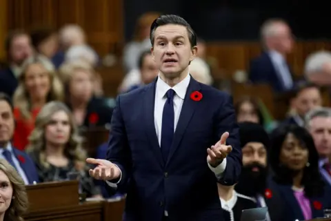 Reuters Conservative Party of Canada leader Pierre Poilievre speaks on Parliament Hill in Ottawa on 29 October 2024