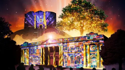 This image is a digital rendering which depicts lights being projected onto historic architecture. It combines Clifford's Tower, Castle Museum and a large illuminated tree, against a starry sky backdrop.