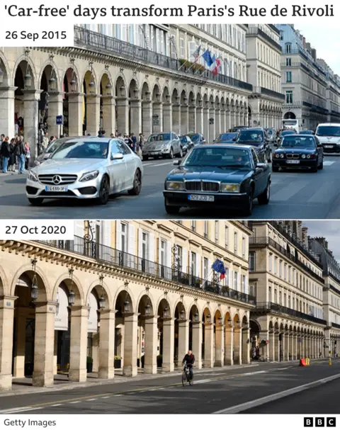 BBC / Getty Images Comparison photo showing a road in Paris. The image on top is full of cars and traffic and was taken in 2015. The photo on the bottom shows the same street empty except for one cyclist in 2020.