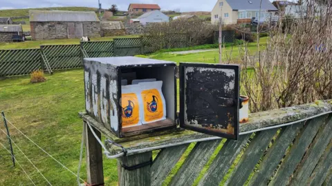 Netsanet Sori A black box placed on a green fence, containing colourful bags of coffee beans. 