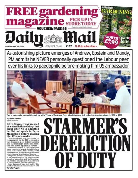 The headline on the front page of the Daily Mail reads: "Starmer's dereliction of duty."