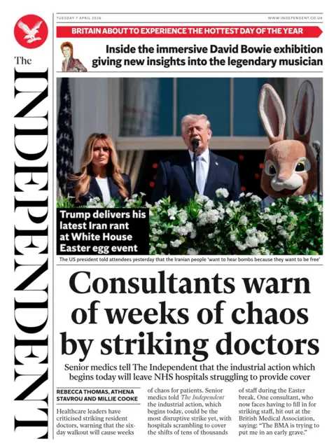 The headline on the front page of the Independent reads: "Consultants warn of weeks of chaos by striking doctors".