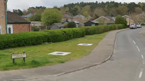 Google Maps A residential road with a path and hedges. There is a road sign saying "Sweden Place" in the bottom left corner and houses can been seen in the background and cars are parked in the distance. 