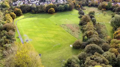 An aerial view of a park, including a football pitch, path and plenty of trees. Some homes can be seen on the outskirts of the greenspace.