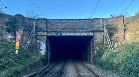 A view of the bridge to be replaced with the railway track running through it