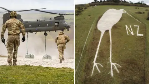 A composite of two images. The left image shows two people dressed in camoflauged Army uniforms running towards a Chinnook helicopter. The helicopter is dropping two large bags, filled with chalk, on the ground. There is a cloud of chalk dust under it. The right image shows a kiwi bird created in chalk on a grassy hillside. It has two long legs and a long beak and has 'NZ' in chalk next to it.