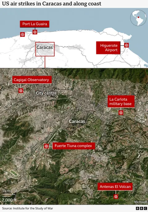 Map showing locations of US air strikes in Venezuela: Generalissimo Francisco de Miranda Air Base, an airfield known as La Carlota, Fuerte Tiuna, a key military facility in Caracas, Port La Guaira, Caracas' main conduit to the Caribbean Sea, located in Miranda state, Higuerote Airport, also located in Miranda state, just east of Caracas Antenas and El Volcan, a telecomms towers on Cerro El Volcan, a high peak in Miranda state.