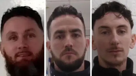 Three images, put together of the faces of Jason MacDonagh, Daniel Harty, and Barney Casey. 
MacDonghah, has short hair and a ginger beard, Harty, short dark hair and a short dark heard and Casey, wavy hair and light goatee and moustache. 
They are all wearing dark clothing. 