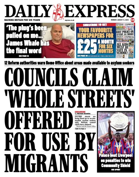 The headline on the front page of the Daily Express reads: "Councils claim 'whole streets' offered for use by migrants".