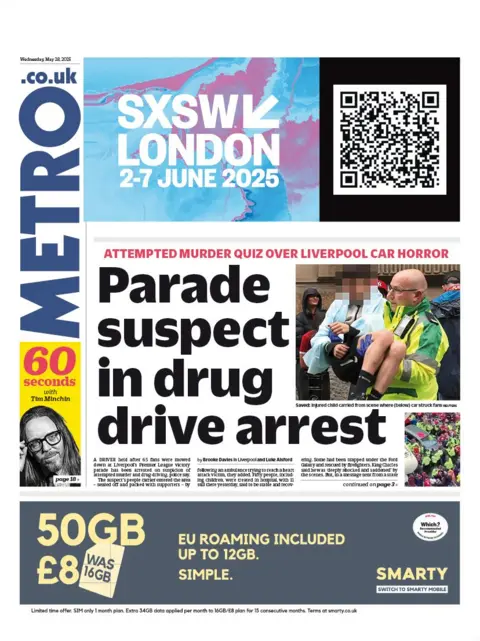 "Parade suspect in drug drive arrest" reads the headline on the front page of Metro.