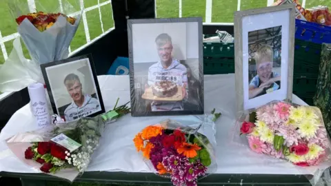 Kate Bradbrook/BBC Three framed pictures of Ronalds Abele with bouquets of flowers