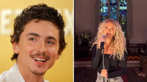 A side-by-side picture of Timothee Chalamet and a woman dressed in a black top with a microphone in a church
