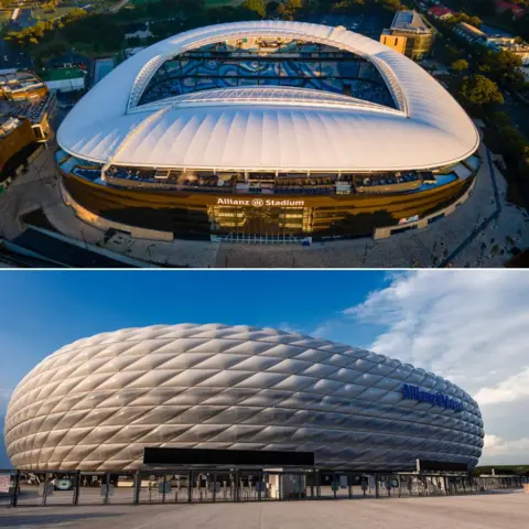 Getty Images A composite image showing Sydney's Allianz Stadium above Munich's Allianz Arena, for comparison. The first has a flatter façade smoothed with long bronze fins, while the Munich stadium is sculpted by thousands of diamond-shaped inflatable cushions.