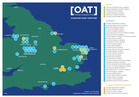 Ormiston Academies Trust A map shows Ormiston Academies' Trust schools in England