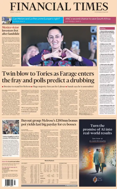 Twin blow to Tories as Farage enters the fray and polls predict a drubbing, reads the front of the Financial Times