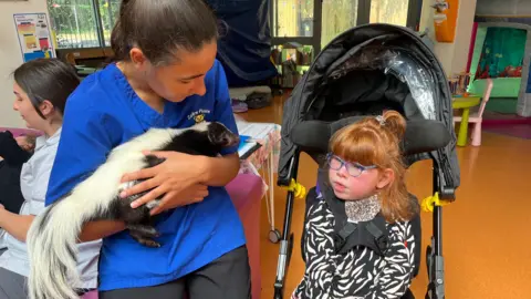 A young girl with ginger hair sits in a pram and grins. She has blue glasses and a Zebra print top on. She is looking at a skunk, which is being held up to her by a nurse in blue scrubs.