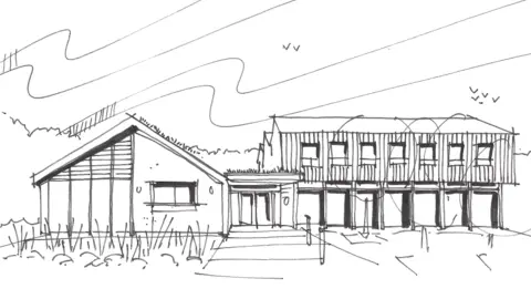 Colin Lang A black and white sketch of the proposed autism centre. On the right is a two-storey building, and on the left is a one storey building. The buildings are connected by an one-storey entrance way. 