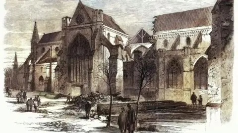 An illustration of how Chichester Cathedral looked shortly after its spire collapsed.