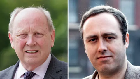A composite image of Jim Allister, with grey hair and suit and Danny Morrison with dark hair 