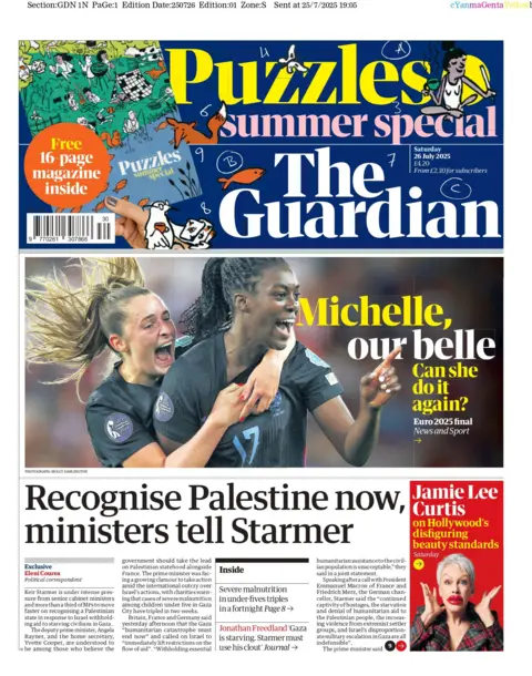 The Guardian's front page, with the headline "Recognise Palestine now, ministers tell Starmer". It also features a football story with the headline "Michelle, our belle" beside a picture of England player Michelle Agyemang.