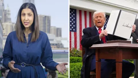 Samira Hussain with long brown hair on the left and President Trump holding the signed Liberation Day tariff document.
