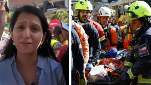 Composite image of a BBC correspondent next to rescue workers carrying the man