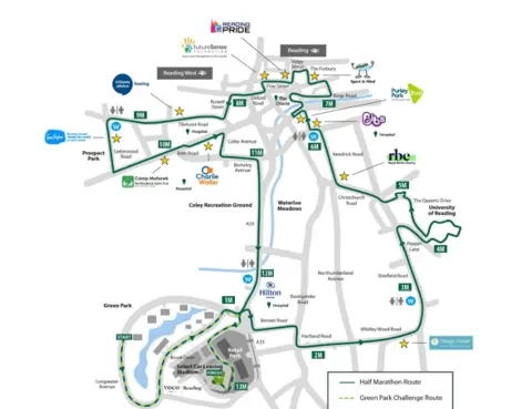Reading Council Map of half marathon route. Route is shown in green with yellow stars showing where charity cheering points are. 