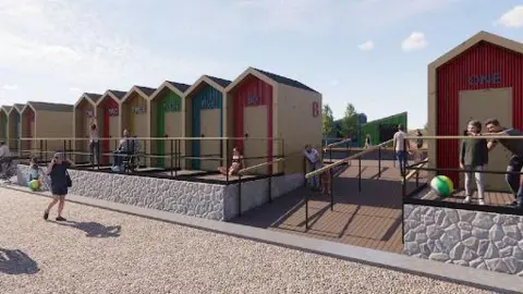 A CGI-generated image showing a row of beach huts, all different colours. They are on a slightly elevated rocky platform to the side of a wide path. People are walking past the huts and shown standing and sitting next to them.