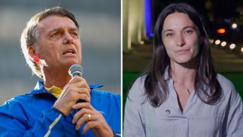 Split screen of Jair Bolsonaro and BBC correspondent