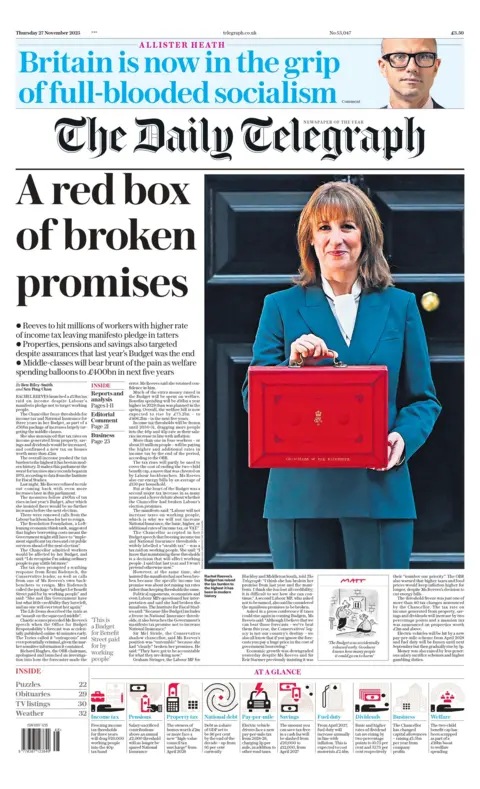 "A red box of broken promises," reads the headline on the front page of the Daily Telegraph.