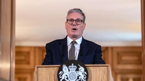 Britain's Prime Minister Keir Starmer speaks during a news conference following his first cabinet meeting, at Downing Street in London, Britain, 06 July 2024.