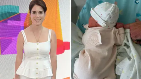 A photo of Princess Eugenie wearing a sleeveless white blouse, smiling and standing in front of a colourful background, next to a photo of the baby who is laying on someone and wearing a pink sleepsuit with a white hat