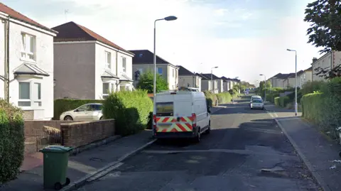 Google Residential suburban street with detached houses, parked vehicles, and a white van in the foreground, lined with hedges, lampposts, and wheelie bins under a bright sky.