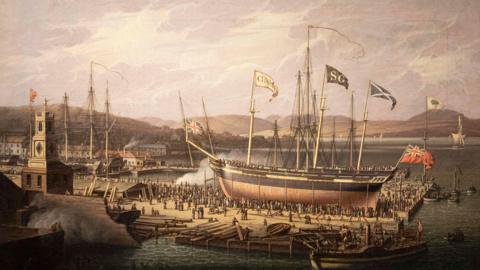 Oil painting Launch of the Christian, 1818 by Robert Salmon  depicting transport of colonial goods between Jamaica and Greenok