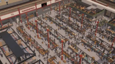 Kirklees Council An artist's impression of the revamped market, showing many stalls and red pillars.