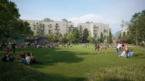 Perkins & Will Depiction of the planned flats with a green meadow in front of it with people sitting and playing. 