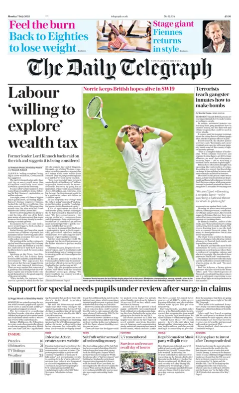 The Daily Telegraph front page, with Labour is "willing to explore" a wealth tax  above a story on the special needs review.  