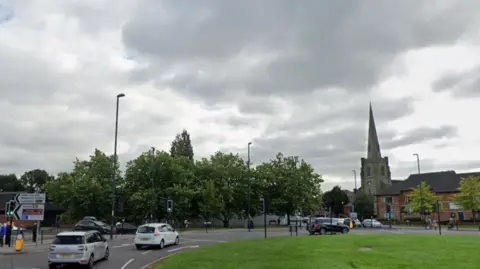 A busy three-lane roundabout