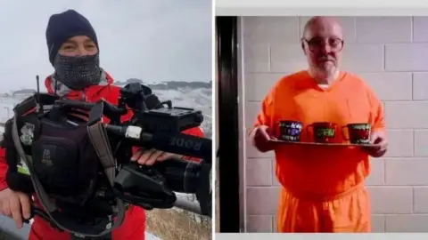 Rhys Williams/ Roderick Orme A split image showing Williams holding a camera, wearing a snood, hat and red coat and Orme, holding a tray bearing three cups and wearing an orange prison-issue jumpsuit.