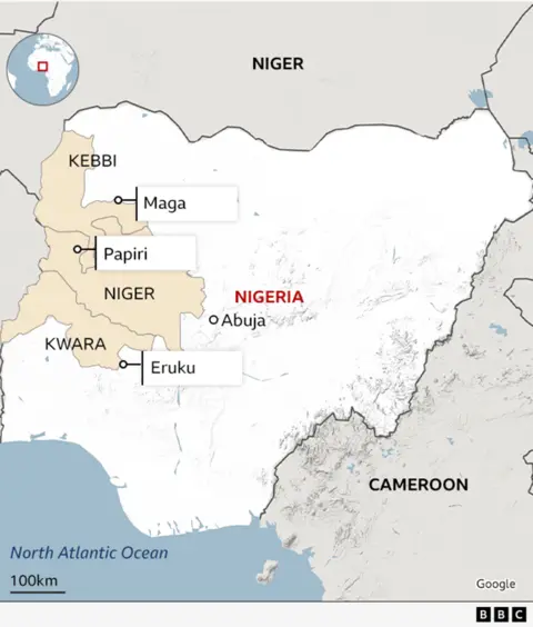 A map of Nigeria showing where last week's attacks have taken place - they are all in the west, from north-west, to south-west