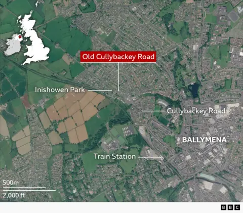 BBC/Google A map showing Ballymena and the location of Old Cullybackey Road