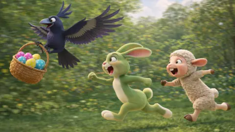 Panivox A screenshot of the animated game trail. It shows a black bird flying through a woodland area carrying a wicker basket full of colourful Easter eggs. It is being chased by a light green bunny rabbit and a sheep, which are both running on their hind legs with their arms outstretched and mouths open.