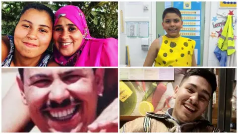 Grenfell Inquiry Top right: Mehdi El Wahabi (boy)
Bottom right: Yasin El Wahabi (20) Bottom left Abdulaziz El-Wahabi - father Top left: Nur Huda El Wahabi with her mother Faouzia on the right (mother and daughter)
