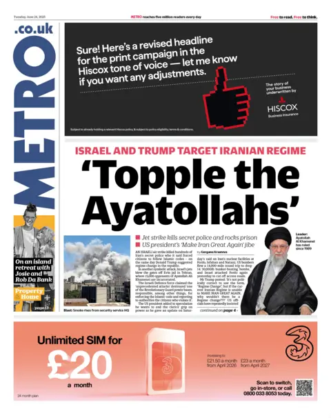 Topple the Ayatollahs reads the front page of the Metro