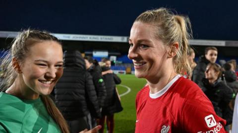 Gemma Bonner celebrates with Liverpool teammate Eva Spencer