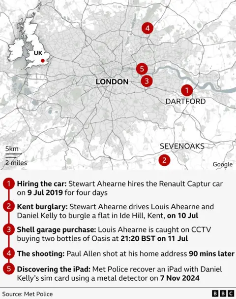 Met Police Graphic showing a timeline of events in the lead up to the shooting of Paul Allen. Points plotted also include a burglary in Kent, the purchase of two Oasis drinks at a Shell garage and the discovery of the iPad at the bottom of the Thames